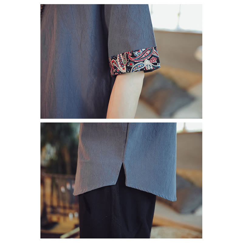 Frog-Button Dragon Embroidery Chinese Tang Suit Short Sleeve Shirt Linen Men Clothing