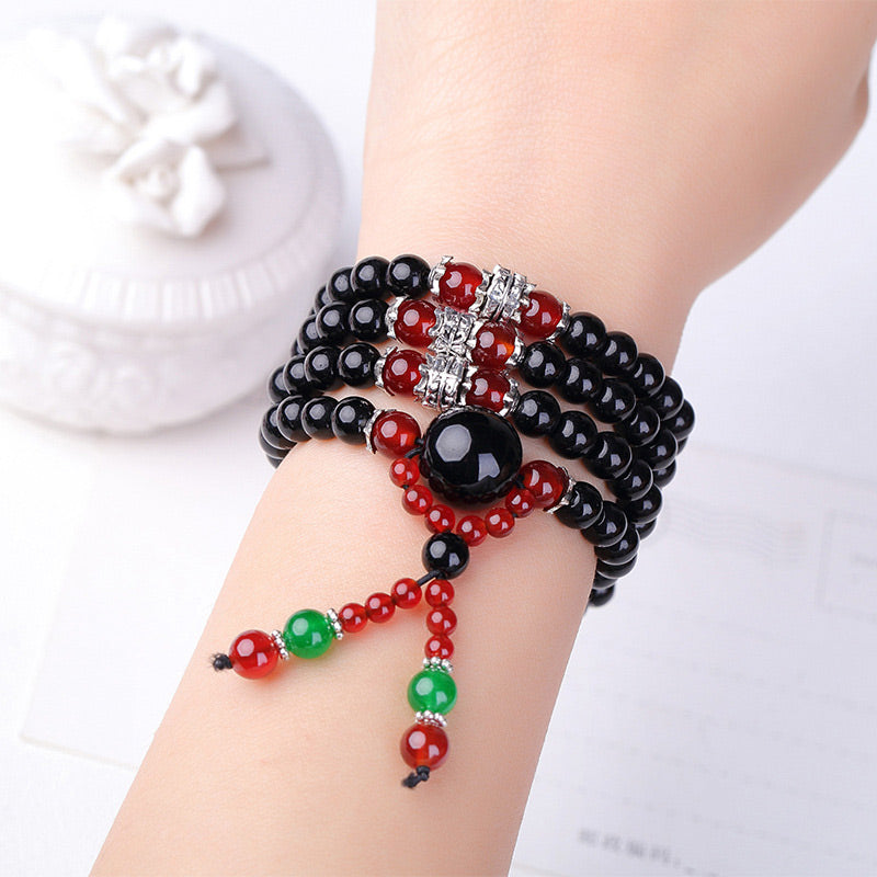 108 Beads Natural Black Obsidian Tiger Eye Mala Bracelet