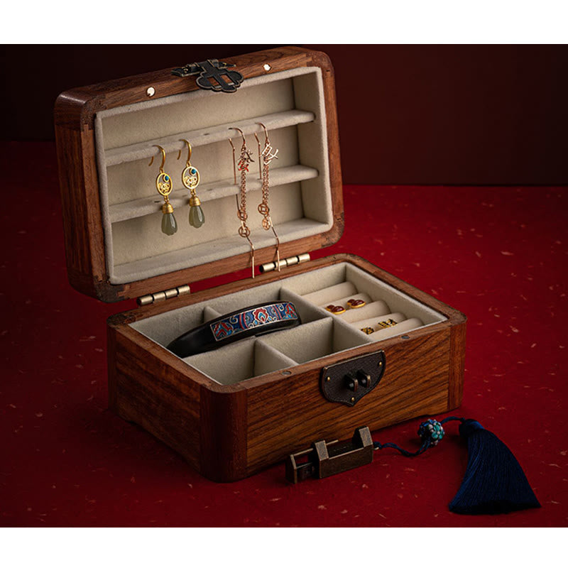 Retro Handmade Floral Rosewood Lockable Jewelry Storage Box & Keepsake Organizer