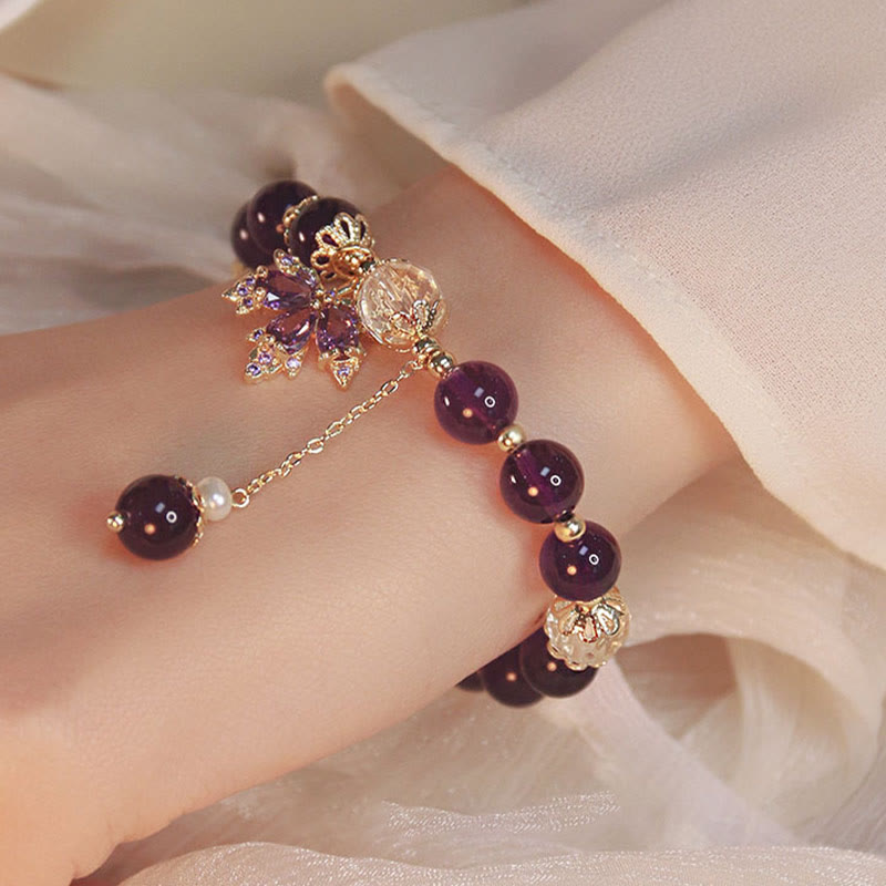14k Gold Plated Natural Amethyst Maple Leaf Charm Bracelet