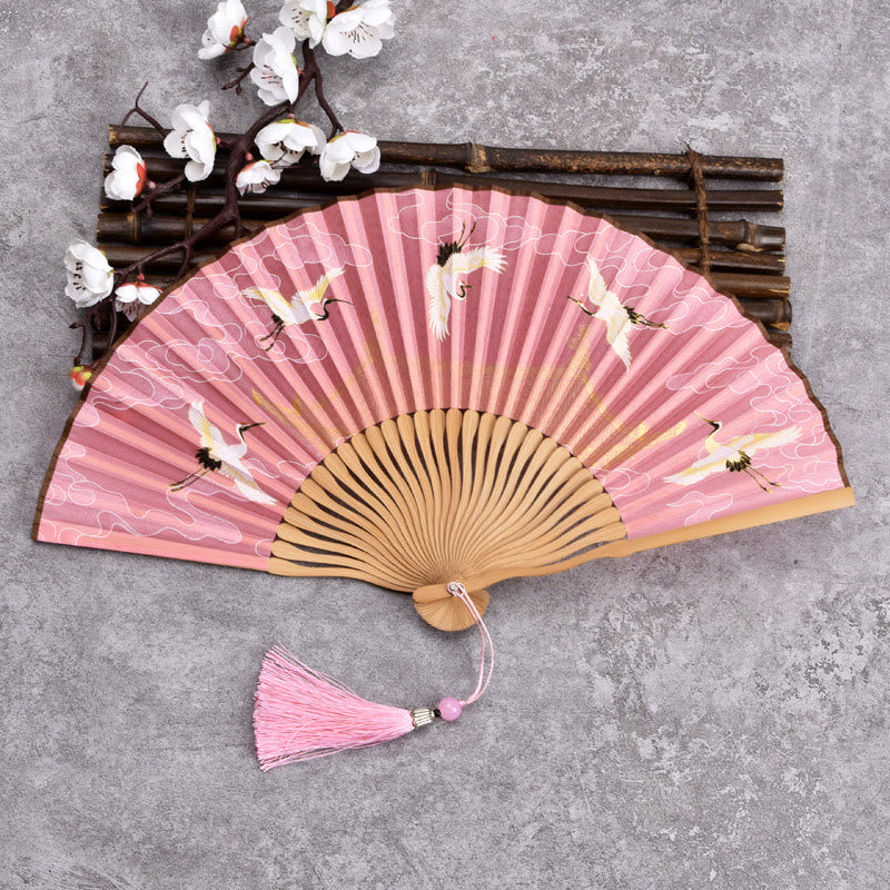 Vintage Cloud Crane Pattern Handheld Bamboo Folding Fan