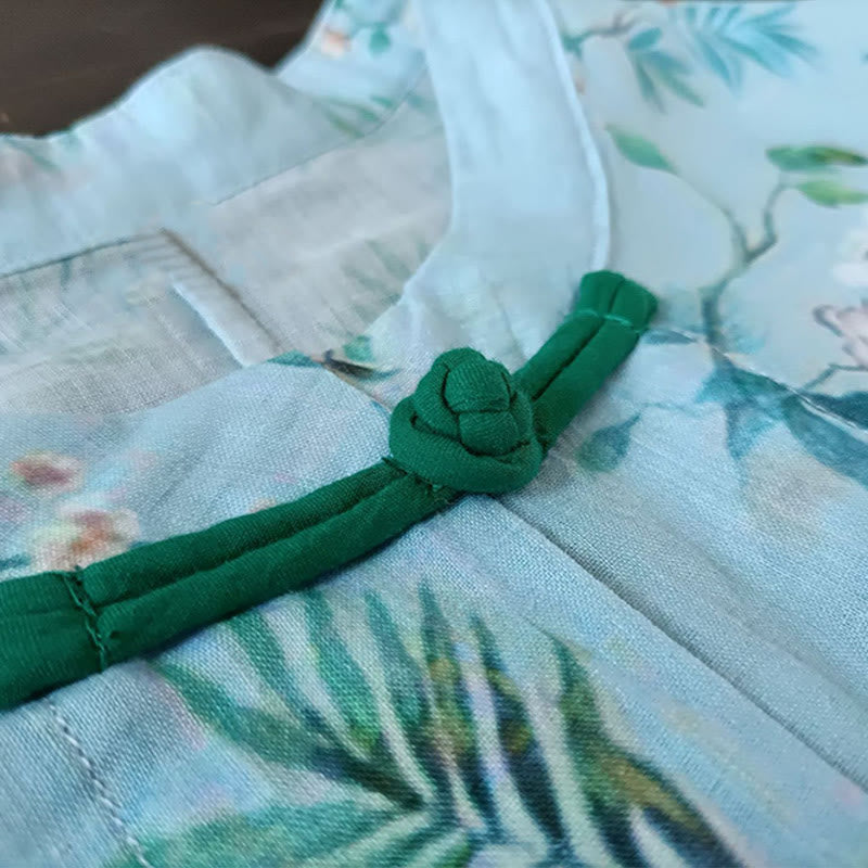 Light Green Pink Flowers Green Leaves Frog-Button Long Sleeve Ramie Linen Jacket Shirt