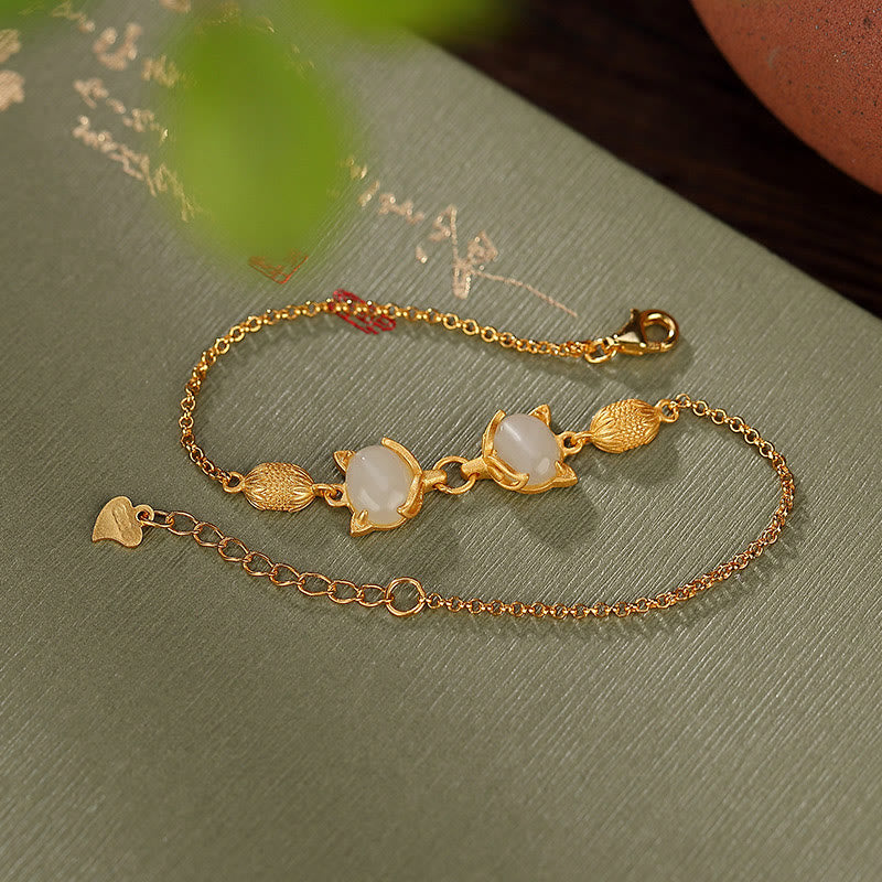 925 Sterling Silver Natural Hetian White Jade Cyan Jade Lovely Fox Luck Bracelet
