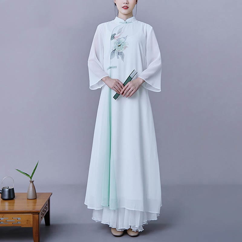 Flowing Chiffon Floral Midi Dress and Skirt Zen Meditation Set
