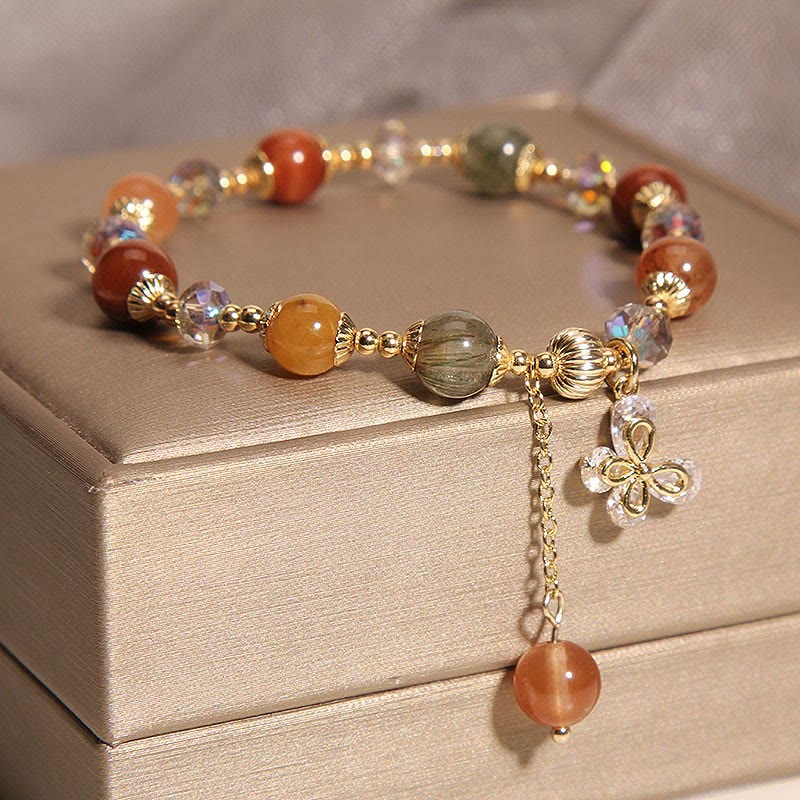 Natural Fu Lu Shou Rainbow Crystal Rutilated Quartz Wealth Butterfly Charm Bracelet