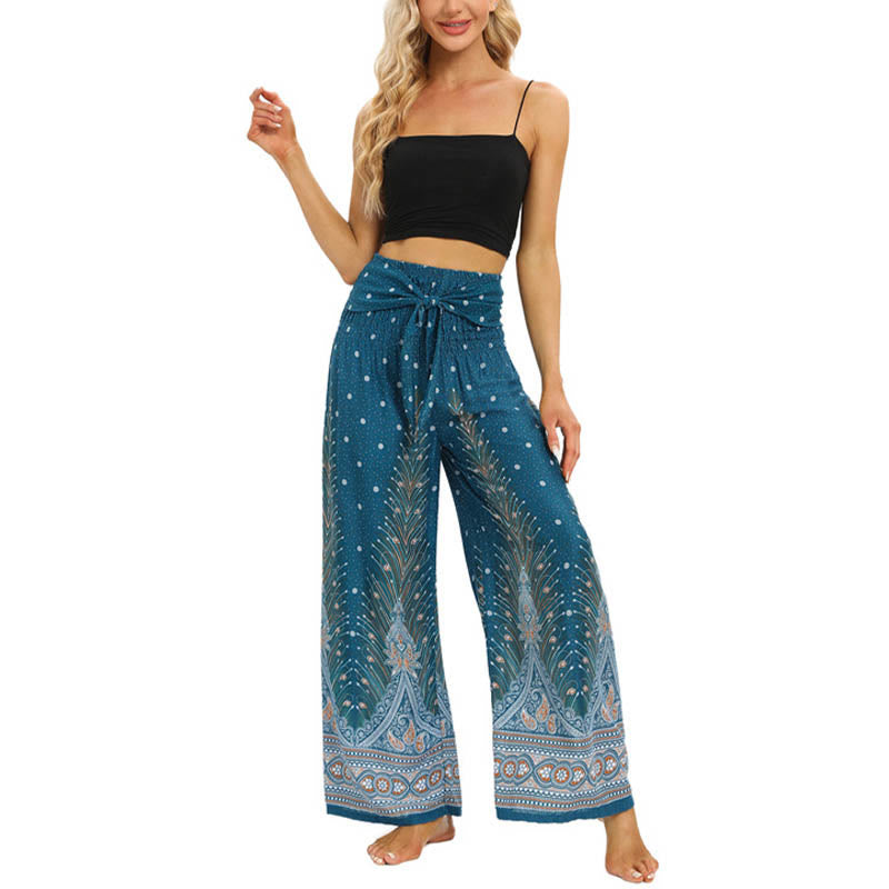 Boho Peacock Feathers Lace-up Wide Leg Pants Women's Yoga Pants