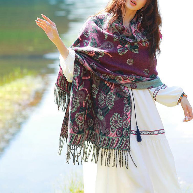 Tibetan Flower Floral Leaves Pattern Design Shawl Cozy Travel Scarf Wrap