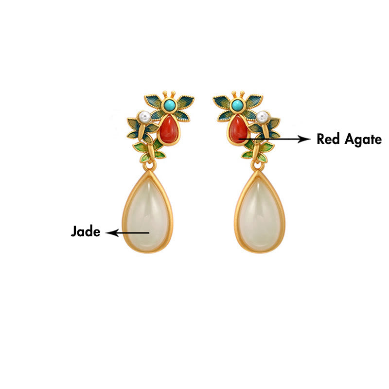 Water Drop White Jade Red Agate Butterfly Protection Drop Dangle Earrings