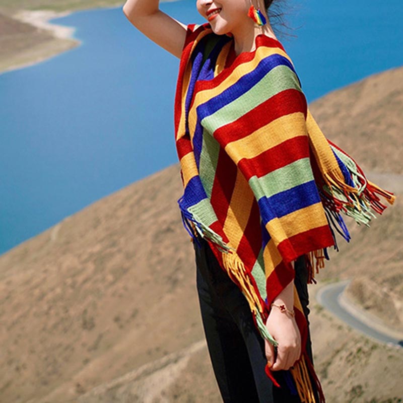 Knitted Striped Tassel Pullover Meditation Shawl Wrap
