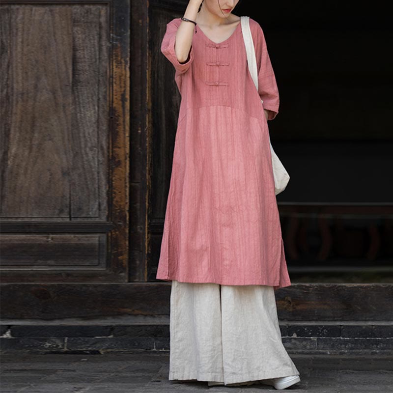 Ramie Linen Tie-Dye Frog-Button Meditation Midi Dress & Wide-Leg Pants Set