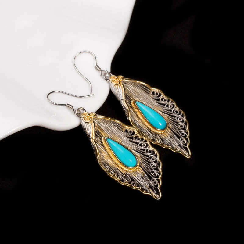 Bodhi Leaf Pattern 925 Sterling Silver Turquoise Dangle Drop Earrings