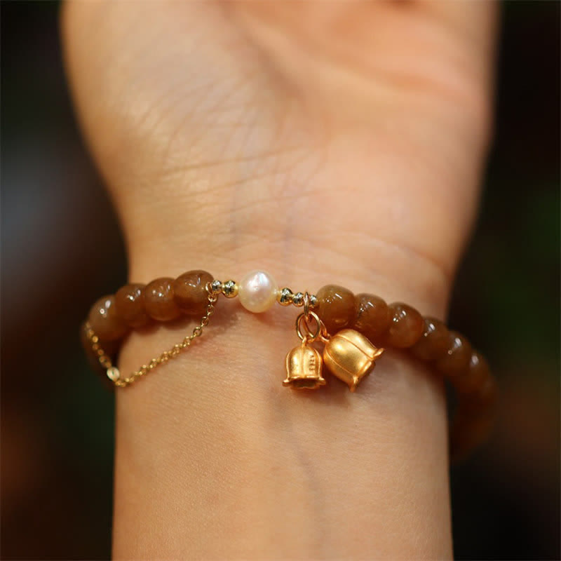 Natural Hetian Jade and Pearl Lily of the Valley 925 Sterling Silver Gold Plated Charm Bracelet