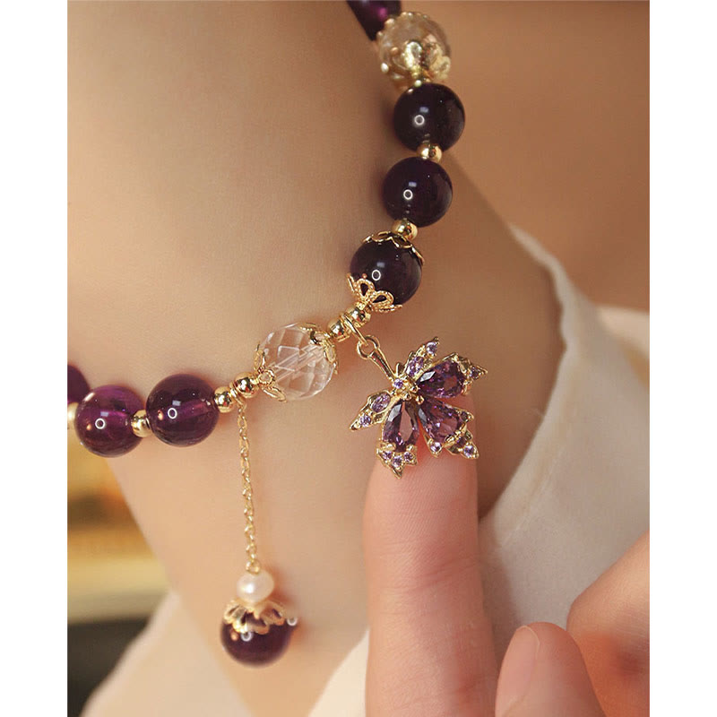 14k Gold Plated Natural Amethyst Maple Leaf Charm Bracelet