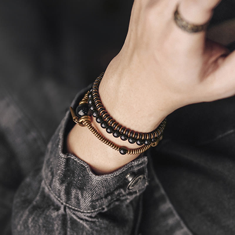 Rainbow Obsidian Ebony Wood Copper Healing Triple Wrap Bracelet
