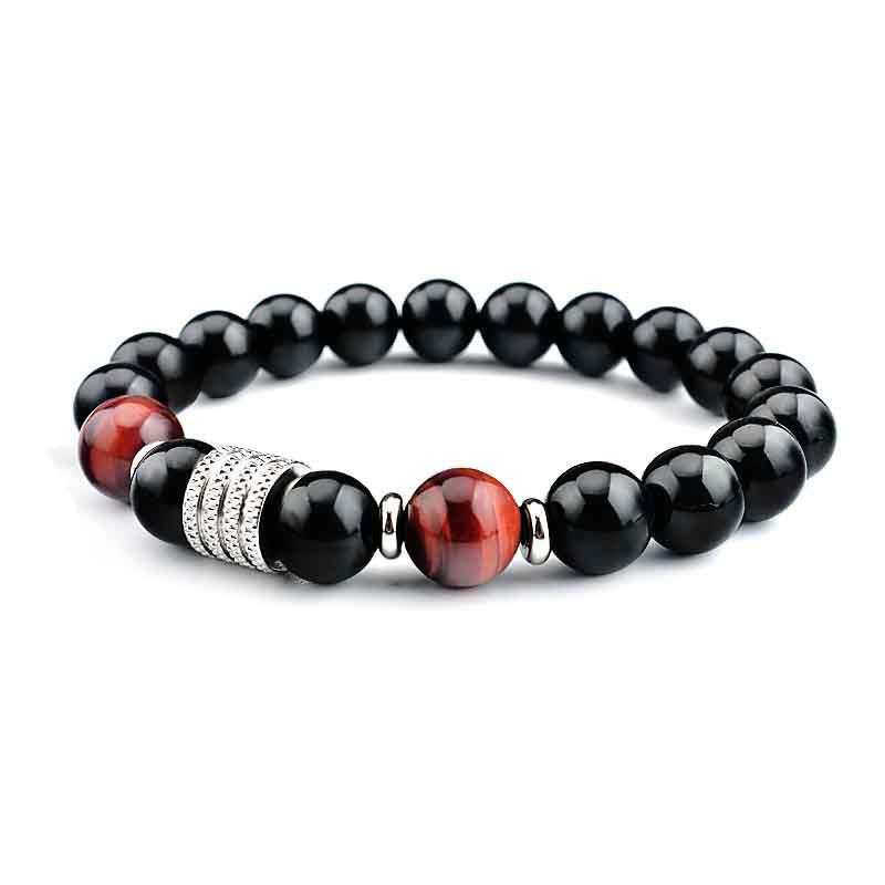 10mm Black Obsidian and Tiger Eye Beaded Bracelet with Titanium Steel