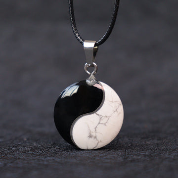 Natural Black Obsidian and White Turquoise Yin Yang Transformation Rope Pendant