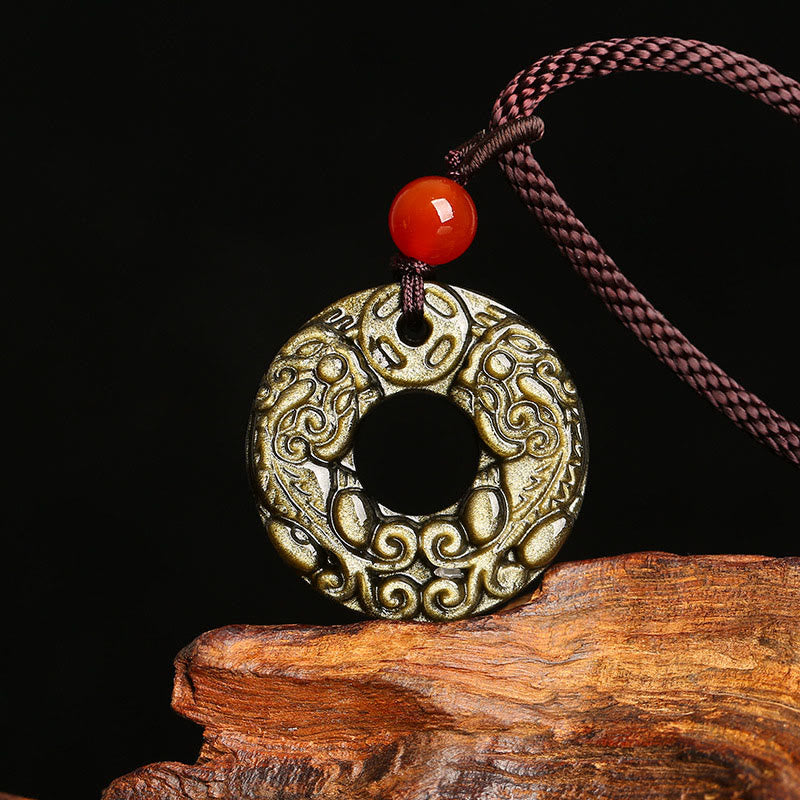 Gold Sheen Obsidian Peace Buckle Pixiu Copper Coin Wealth Necklace Pendant