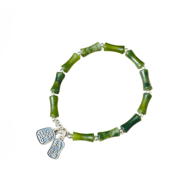 925 Sterling Silver Bamboo Jade Lucky Cat Fu Character Luck Abundance Bracelet
