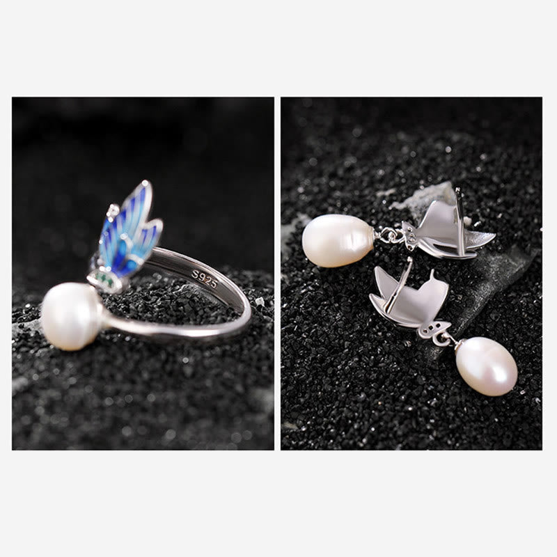925 Sterling Silver Pearl Butterfly Healing Necklace Pendant Earrings Ring