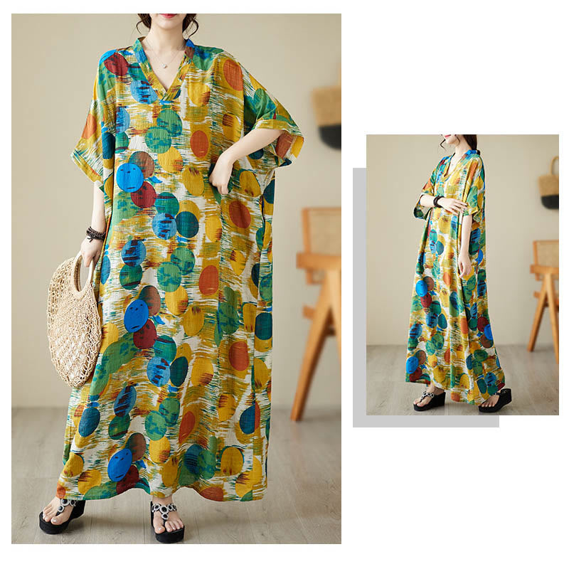 Orange Blue Colorful Polka Dots Midi Dress Cotton Half Sleeve Dress With Pockets