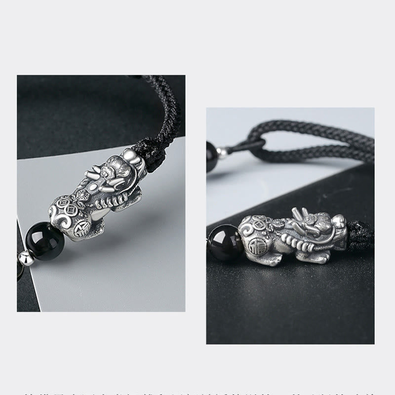 999 Sterling Silver FengShui PiXiu Natural Black Obsidian 925 Sterling Silver Bead Strength Bracelet