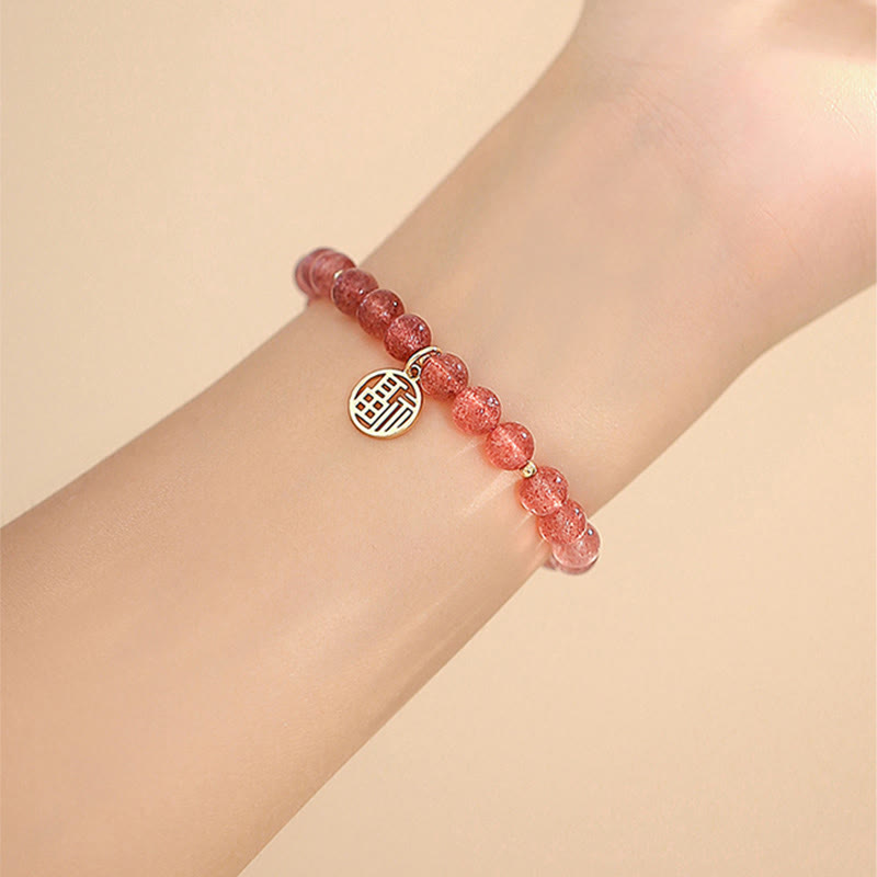 14K Gold Plated Strawberry Quartz Fu Character Healing Charm Bracelet