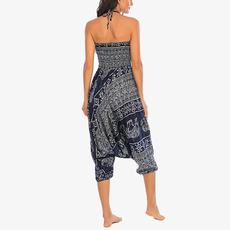 Two Style Wear Elephant Pattern Loose Smocked Harem Trousers Jumpsuit Women's Yoga Pants