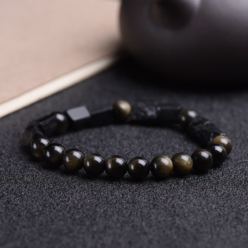 Handmade Gold Sheen Obsidian and Black Tourmaline Beaded Elastic Bracelet