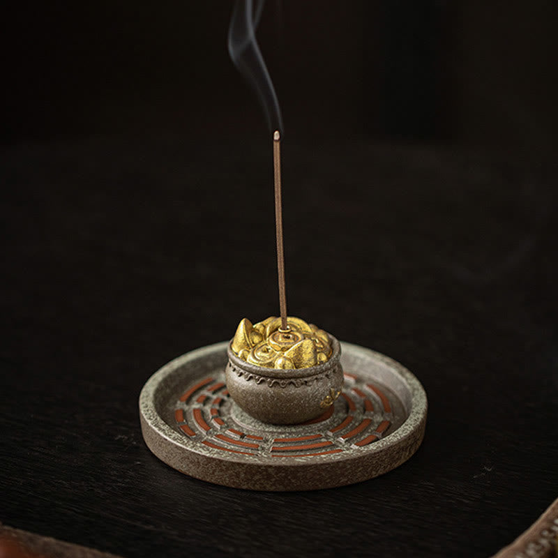 Ceramic Bagua Tray & Symbolic Wealth Vessel Stick Incense Burner