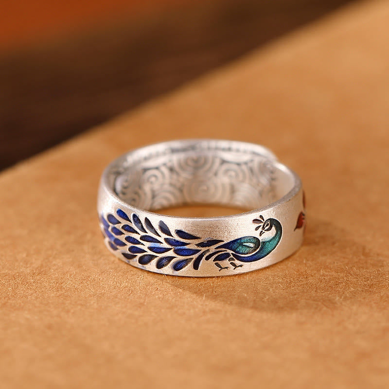 999 Sterling Silver Peacock Auspicious Clouds Engraved Lotus Flower Fortune Ring