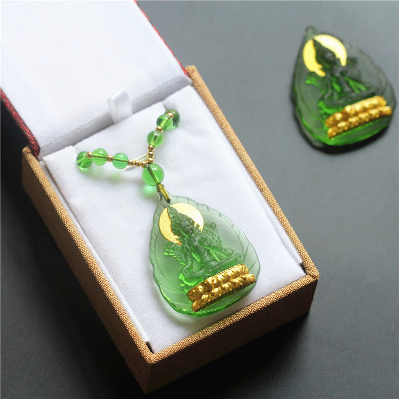 Tibetan Gold Plated Liuli Crystal Green Tara Buddha Pendant Necklace