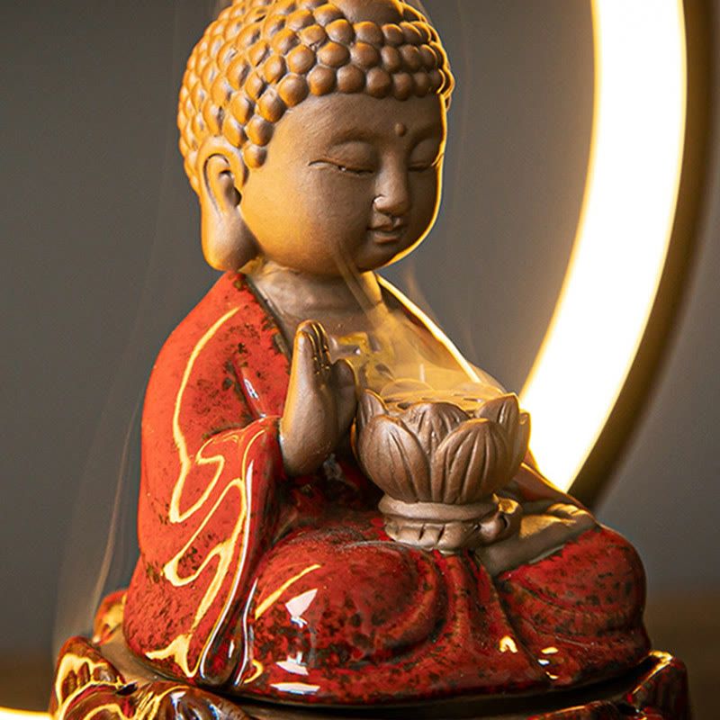 Handcrafted Ceramic Buddha Lotus Backflow Smoke Fountain Incense Burner with Light for Meditation & Yoga
