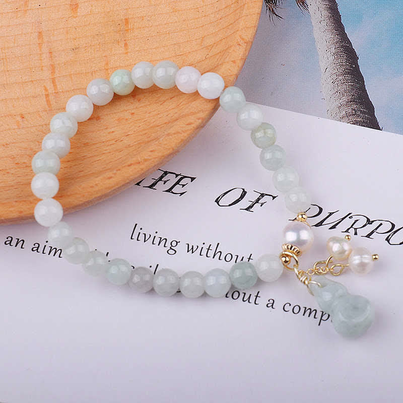 Natural Jade and Pearl Wu Lou Gourd Bracelet with Gold and Copper Accents
