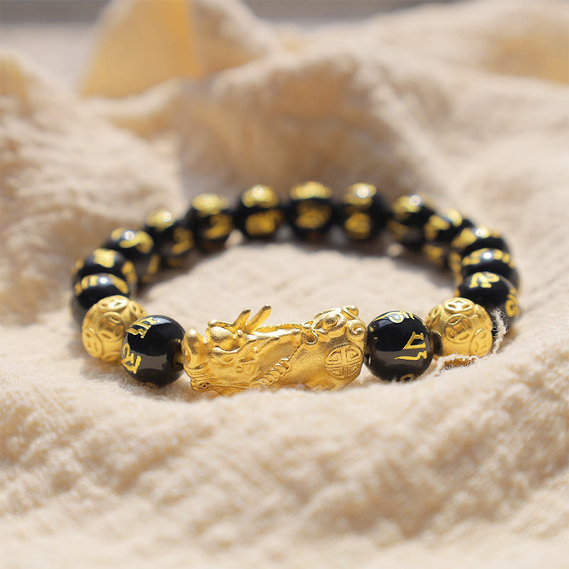 Adjustable Black Obsidian Beaded Bracelet with Pixiu Charm, Agate, Copper, and Om Mani Inscription