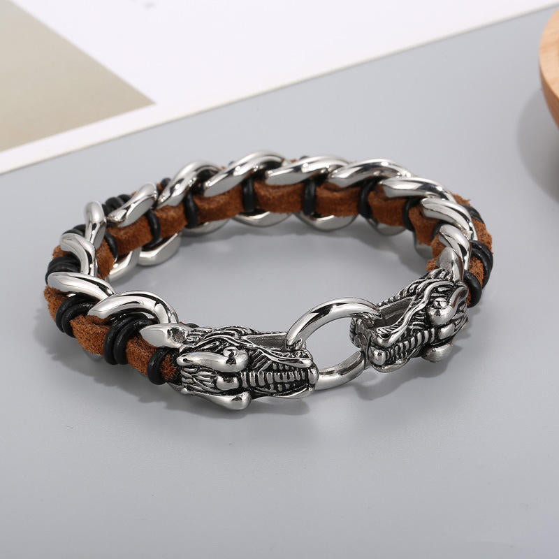 Masculine Dragon Braided Leather and Titanium Steel Bracelet