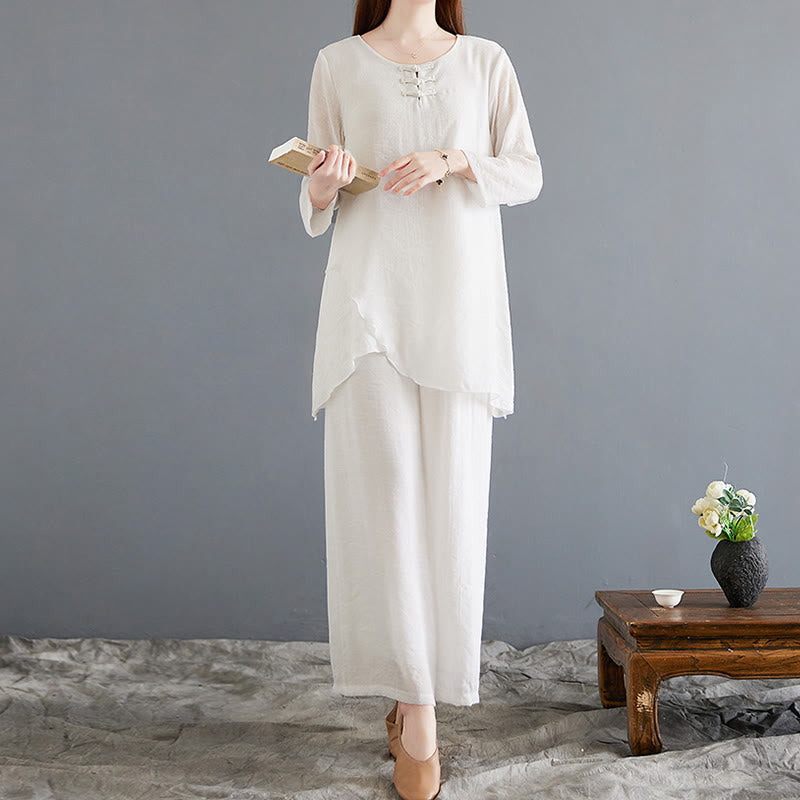 Breathable Cotton Linen Wide-Leg Meditation Shirt and Pants Set