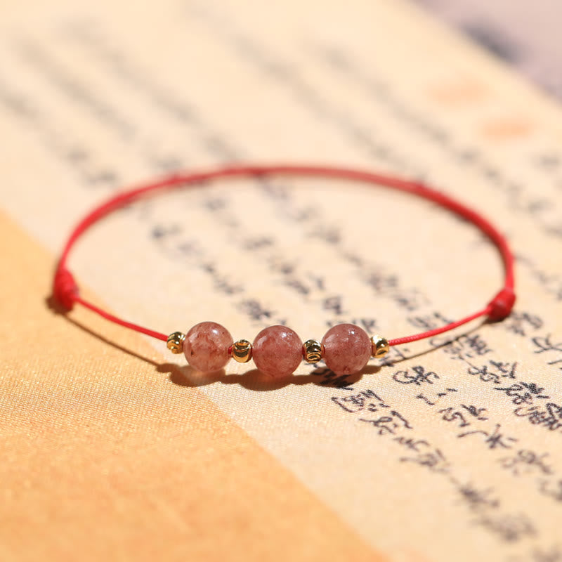 Natural Strawberry Quartz Woven Red String Adjustable Bracelet & Anklet