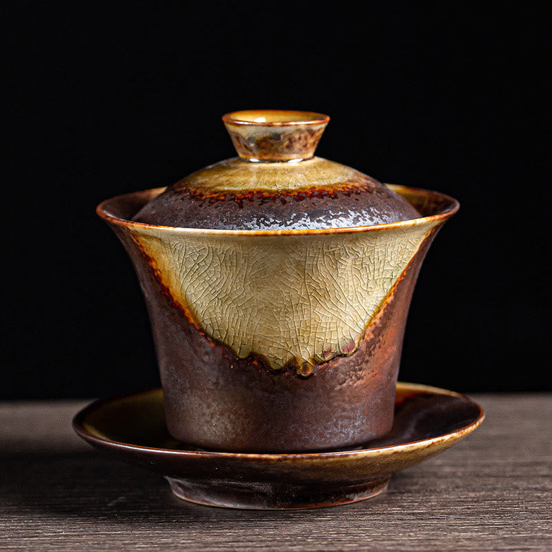 Vintage Brown Kiln Change Design Porcelain Ceramic Gaiwan Sancai Teacup Kung Fu Tea Cup And Saucer With Lid