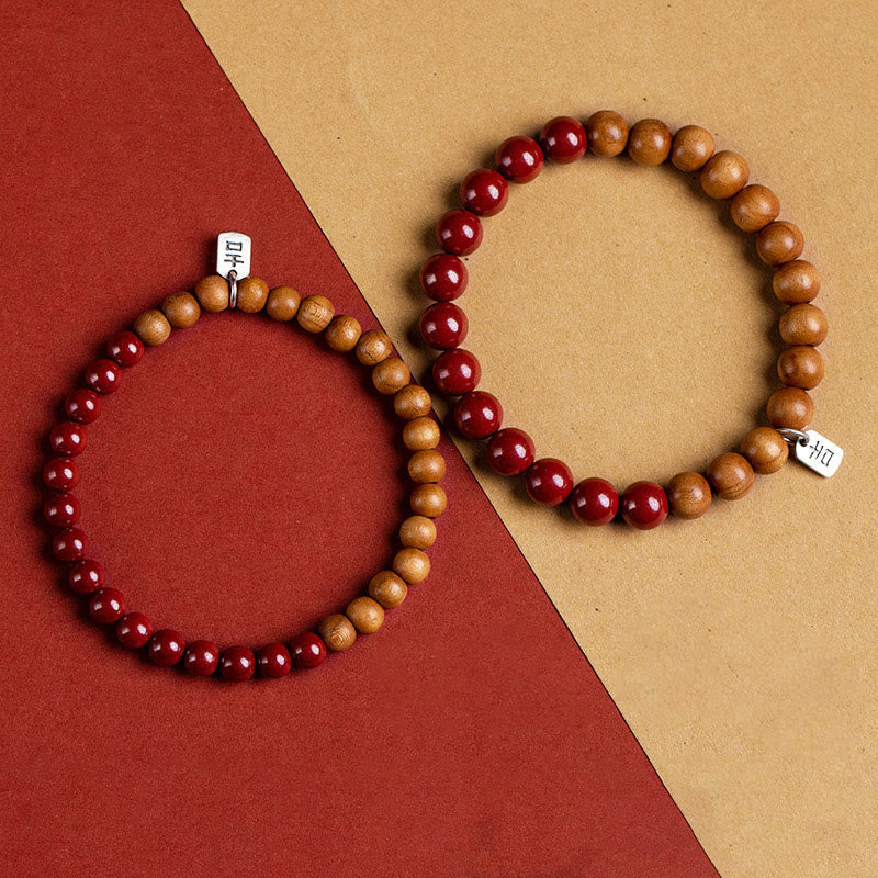Handmade 925 Sterling Silver Peach Wood and Cinnabar Beaded Stretch Bracelet