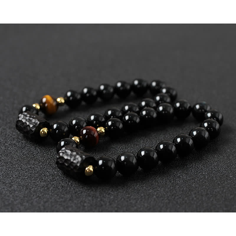 Ebony Wood & Black Obsidian Gold Sterling Silver Tiger Eye Beaded Couple Bracelet