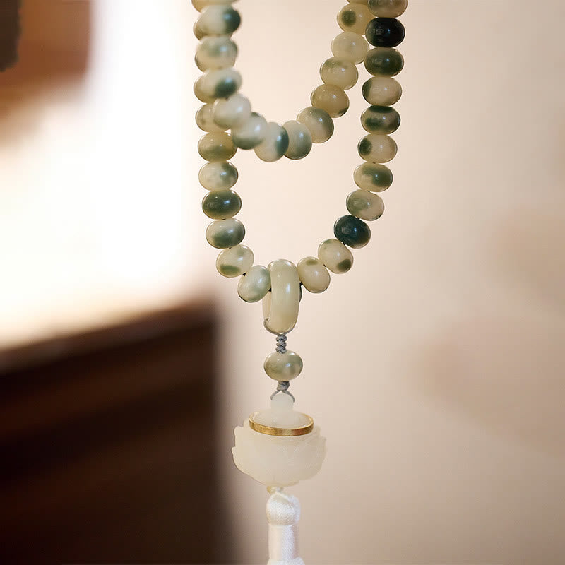 Natural 108 Mala Beads Bodhi Seed Lotus Engraved Wisdom Tassel Bracelet