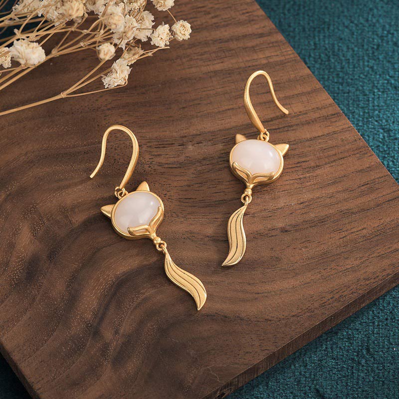Handcrafted White Jade Fox Copper Earrings for Clarity and Balance