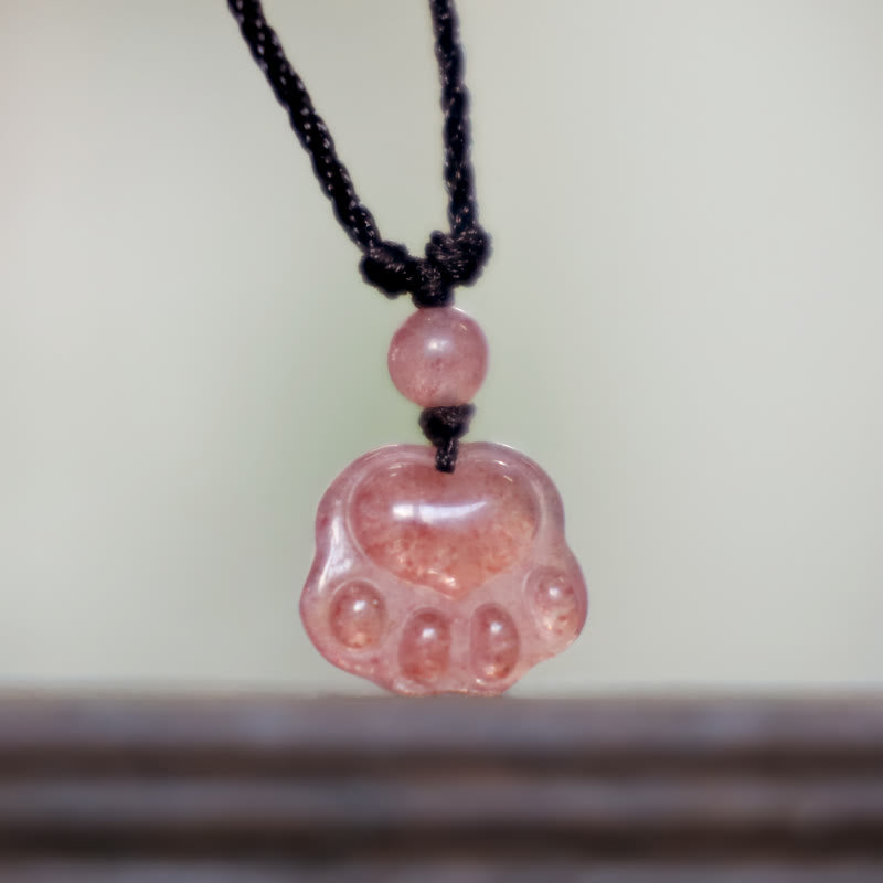 Strawberry Quartz Lovely Cat Paw Claw Healing Necklace Pendant