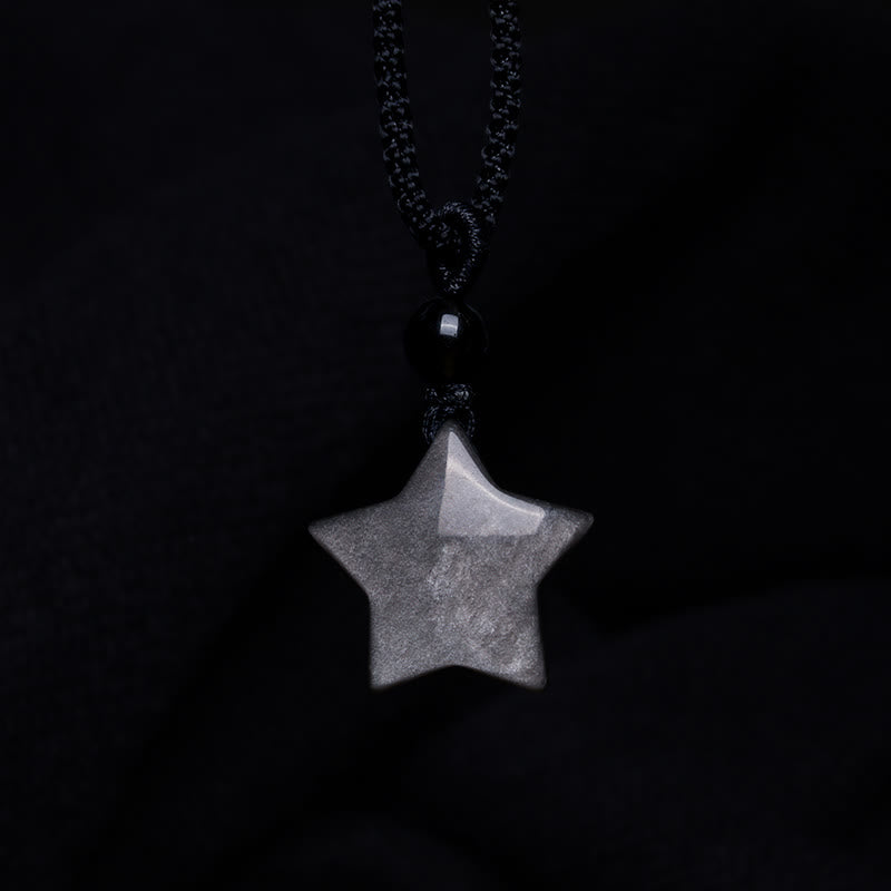 Natural Silver Sheen Obsidian Star Crescent Moon Protection Necklace Pendant