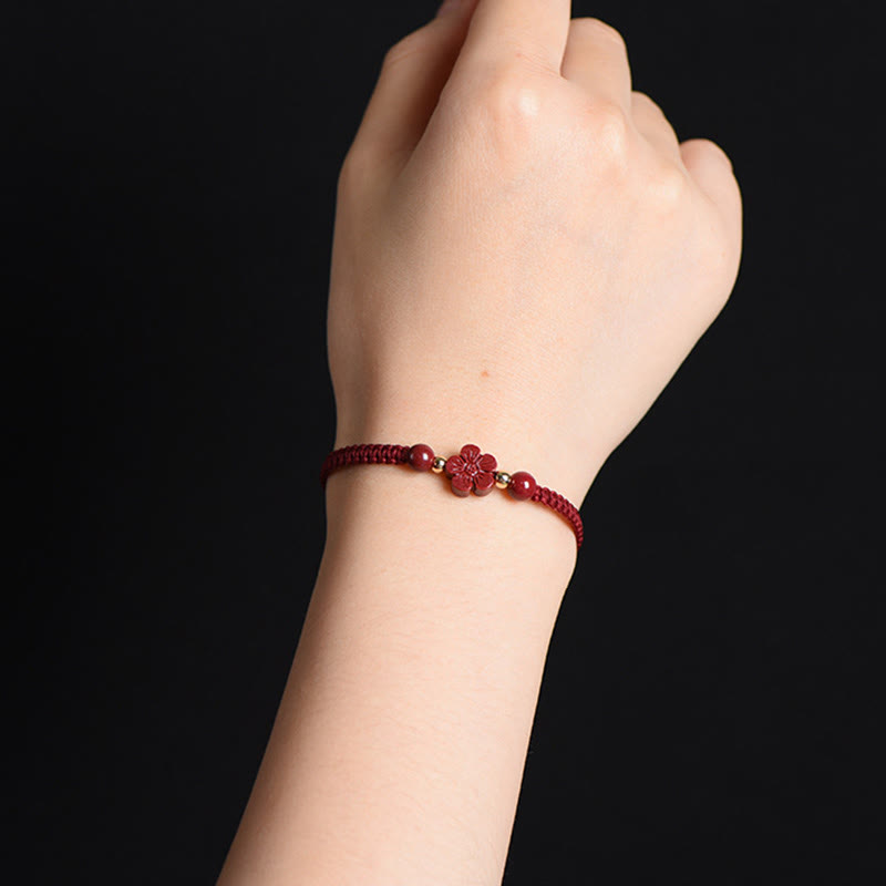 Hand-Woven Red String Cinnabar Clover and Flower Charm Bracelet