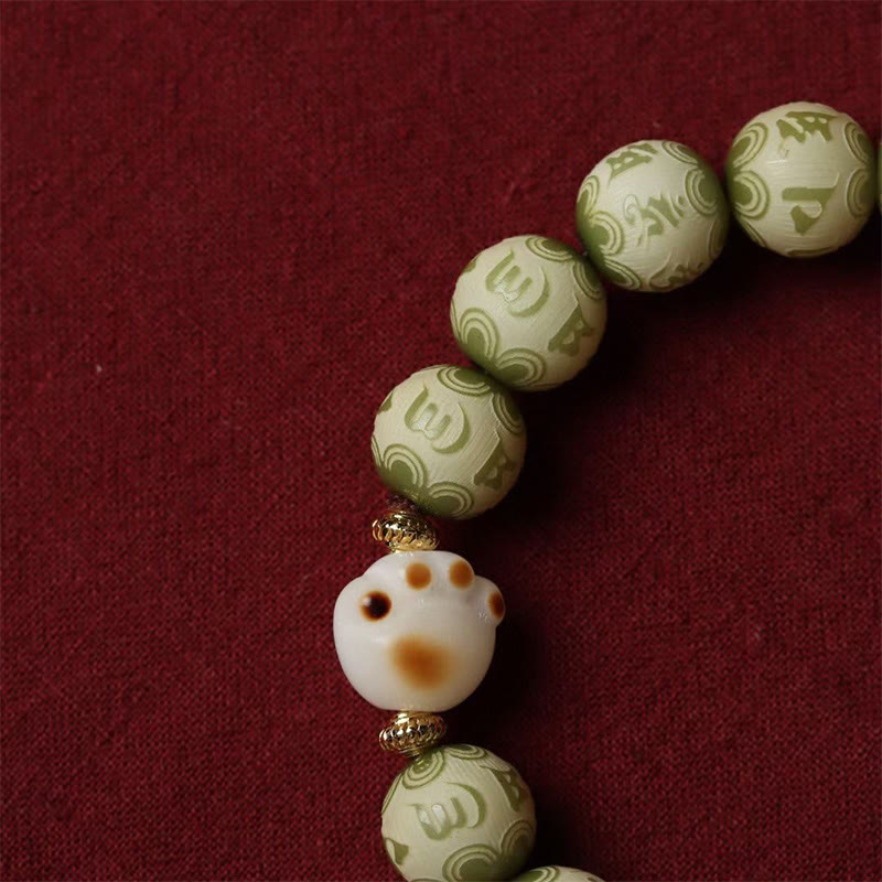 Green Bodhi Seed Om Mani Padme Hum Engraved Cat Paw Bracelet