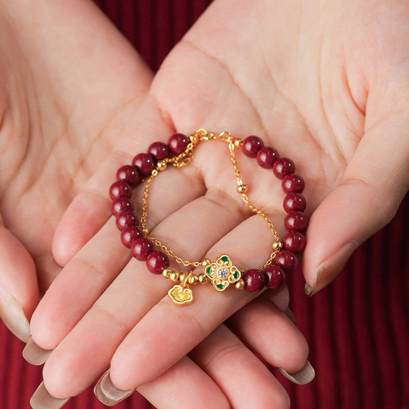 Natural Cinnabar & 925 Sterling Silver Four-Leaf Clover Longevity Lock Chain Bracelet