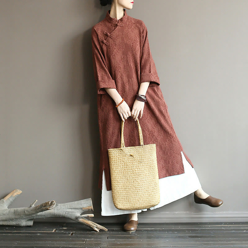 Flower Jacquard Midi Dress Long Sleeve Cotton Linen Dress Wide Leg Pants With Pockets