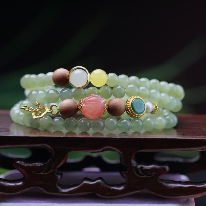 Natural Hetian Jade and Amber Lotus Beaded Red Agate Energy Bracelet