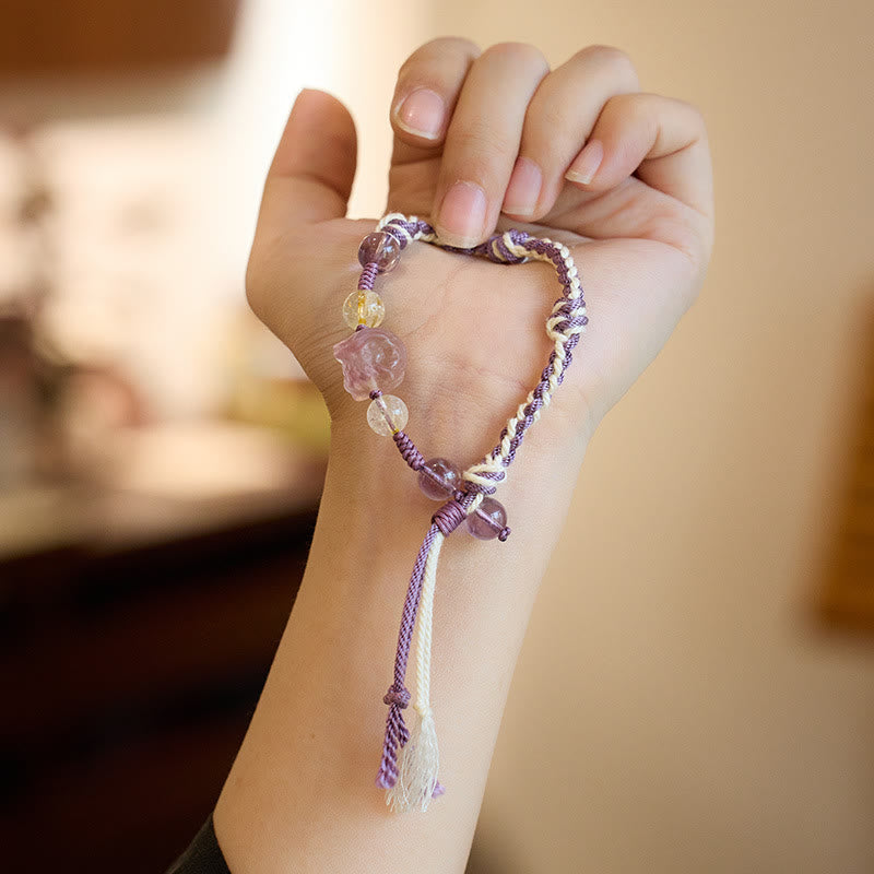 Natural Fluorite Amethyst Silver Sheen Obsidian Tiger's Eye Protection Rope Bracelet